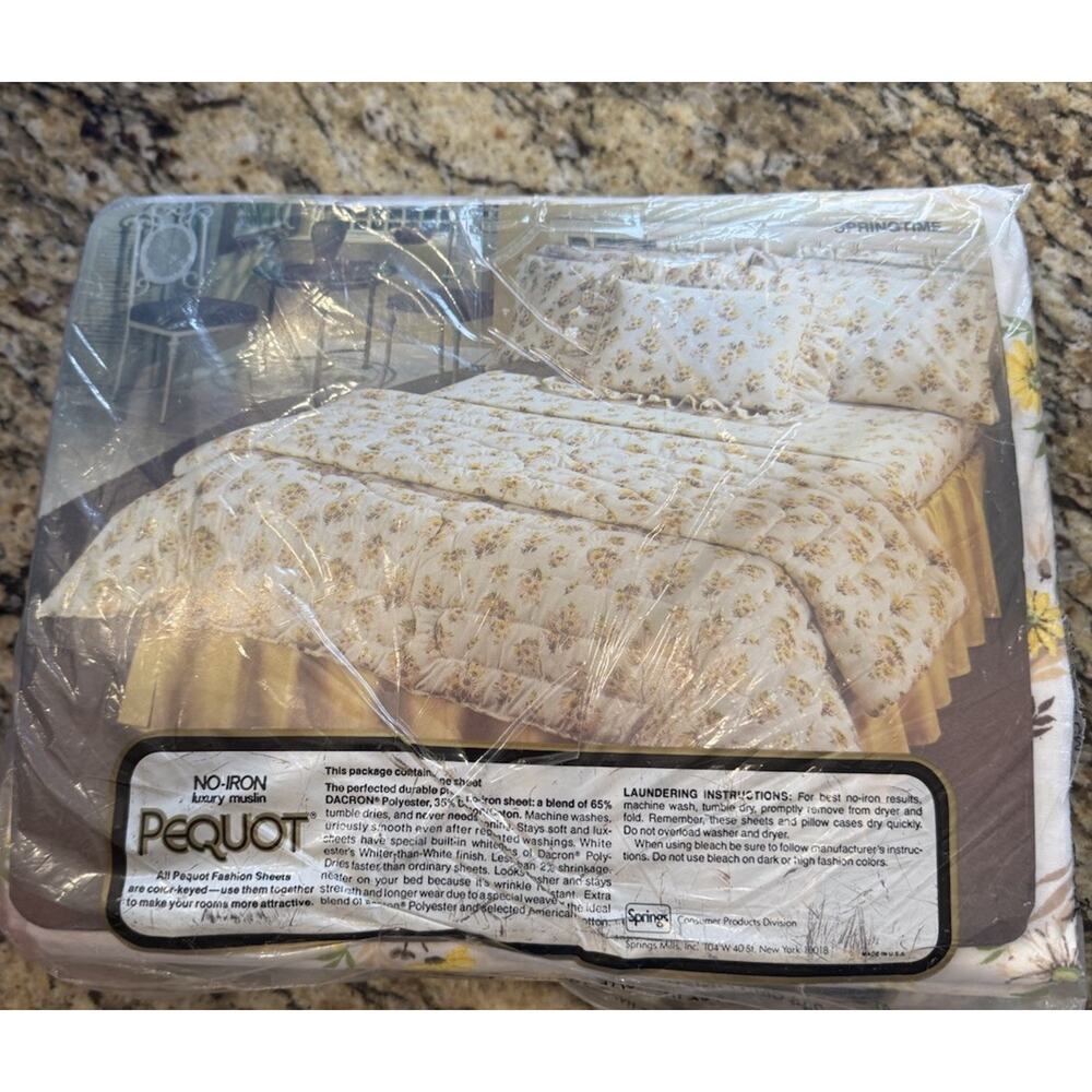 VTG Double Flat & fitted Sheet Pequot No-Iron Percale NIP Dainty Daisies USA NEW